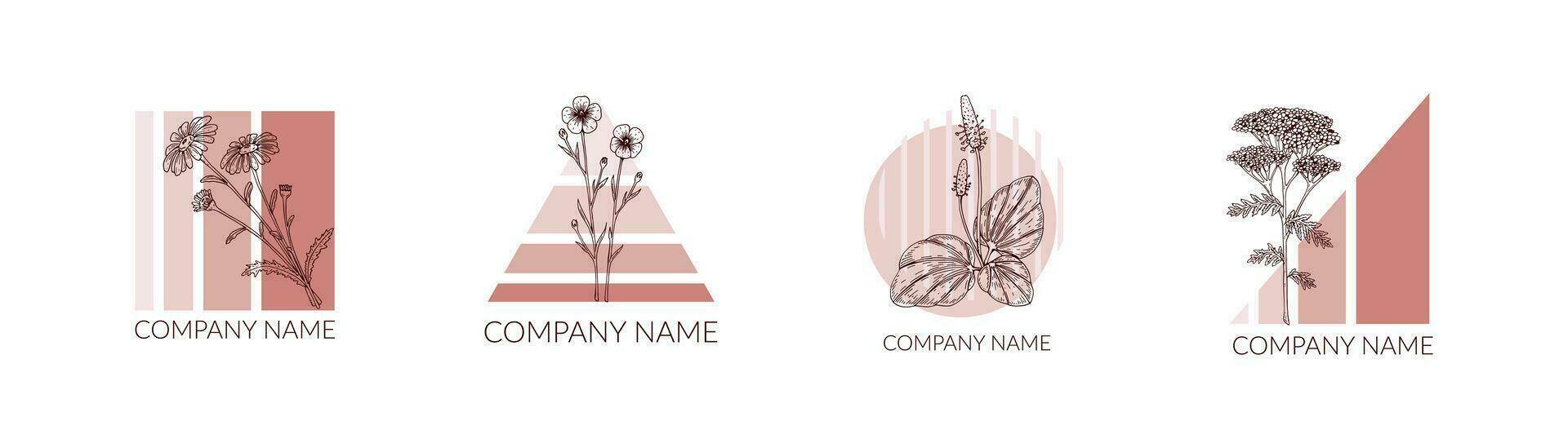 Modern geometric logo template with floral element. Hand drawn vector illustration. Aesthetic poster design