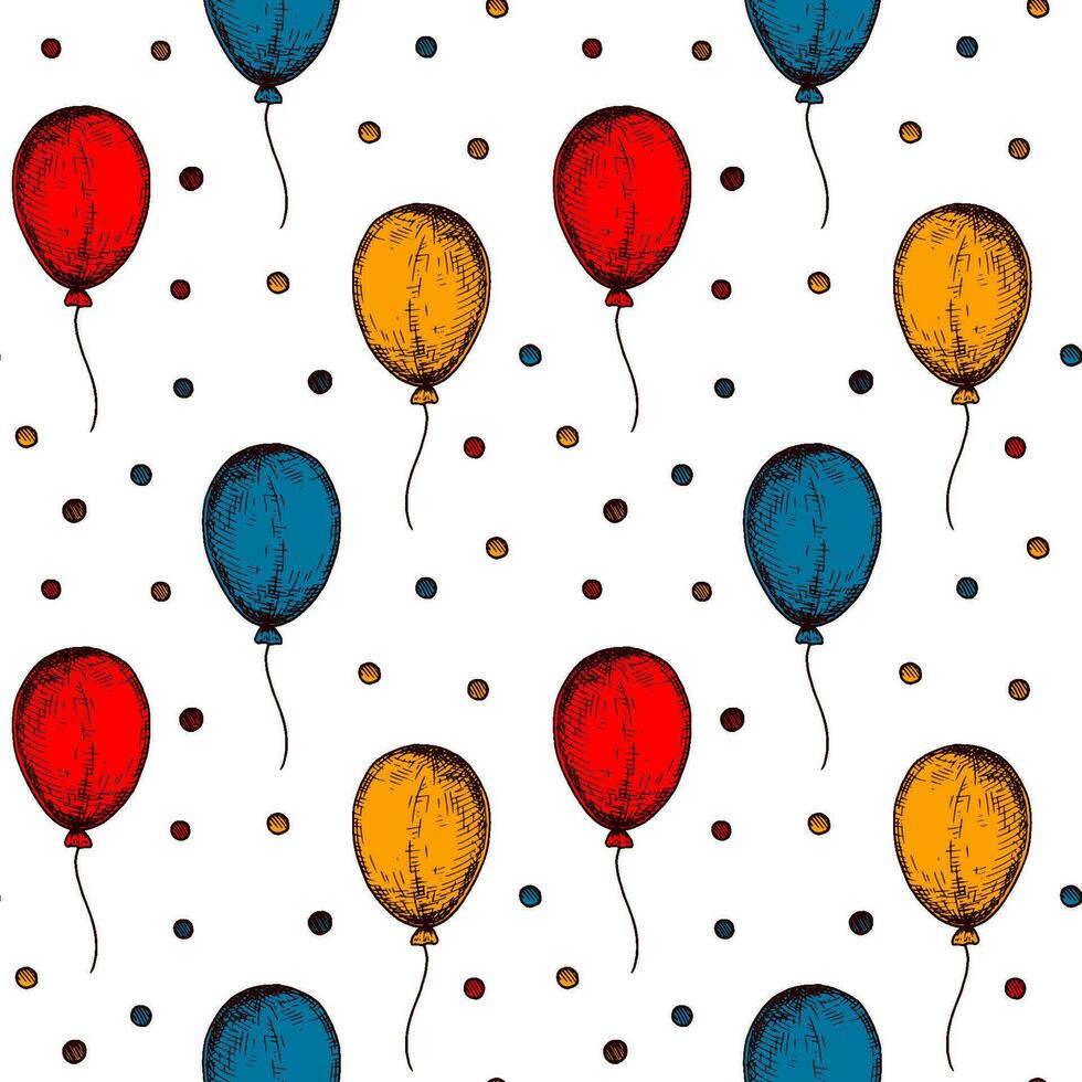 Balloon seamless pattern. Colorful hand drawn background in sketch style. Birthday celebration design. Vector illustration. Design for holiday event, carnival invitation, greeting card