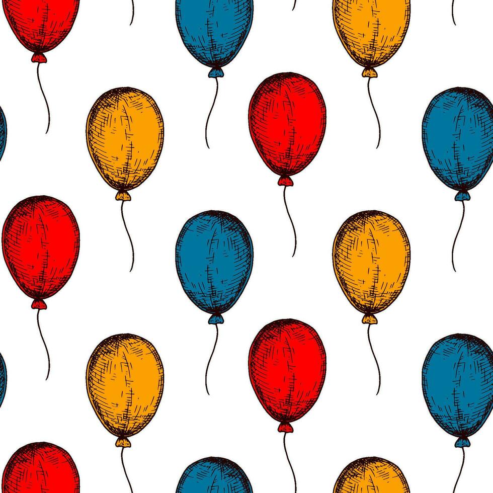 Balloon seamless pattern. Colorful hand drawn background in sketch style. Birthday celebration design. Vector illustration. Design for holiday event, carnival invitation, greeting card