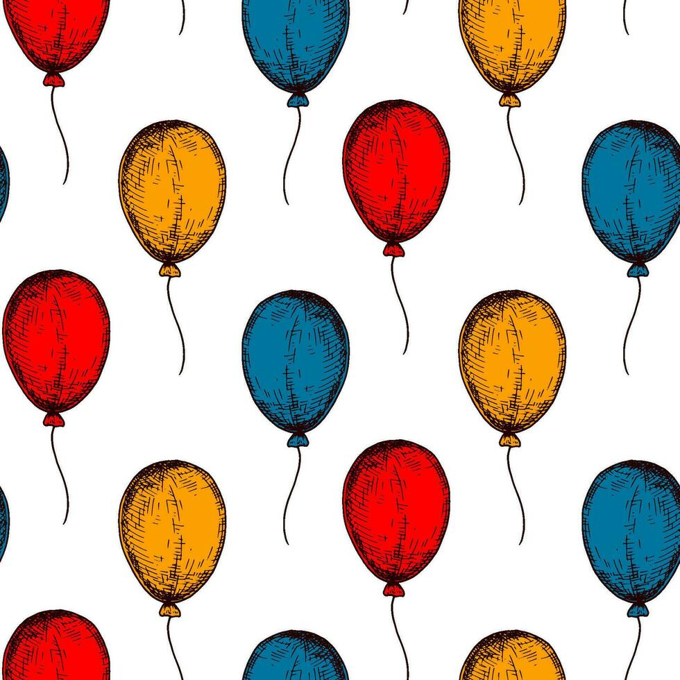 Balloon seamless pattern. Colorful hand drawn background in sketch style. Birthday celebration design. Vector illustration. Design for holiday event, carnival invitation, greeting card