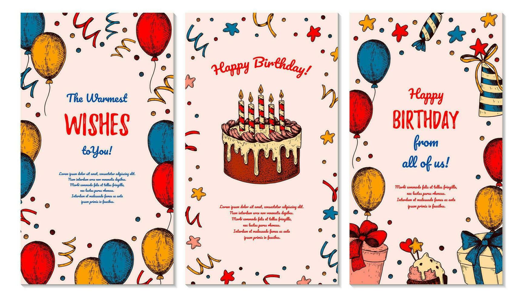 Birthday vertical greeting card. Poster with hand drawn elements. Celebration social media stories  template. Vector illustration in sketch style