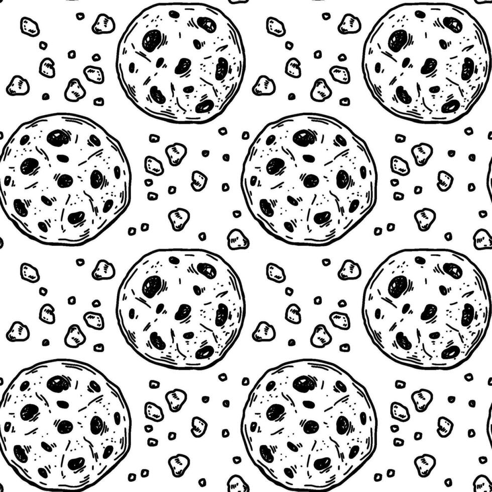Cookies sketch seamless pattern. Bakery hand drawn vintage background. Vector illustration in sketch style. Pastry engraving design