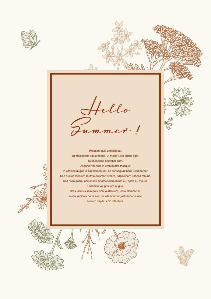 Summer vertical design with wildflowers. Hand drawn vector illustration in sketch style. Social media stories template. Meadow flowers poster. Wedding invitation