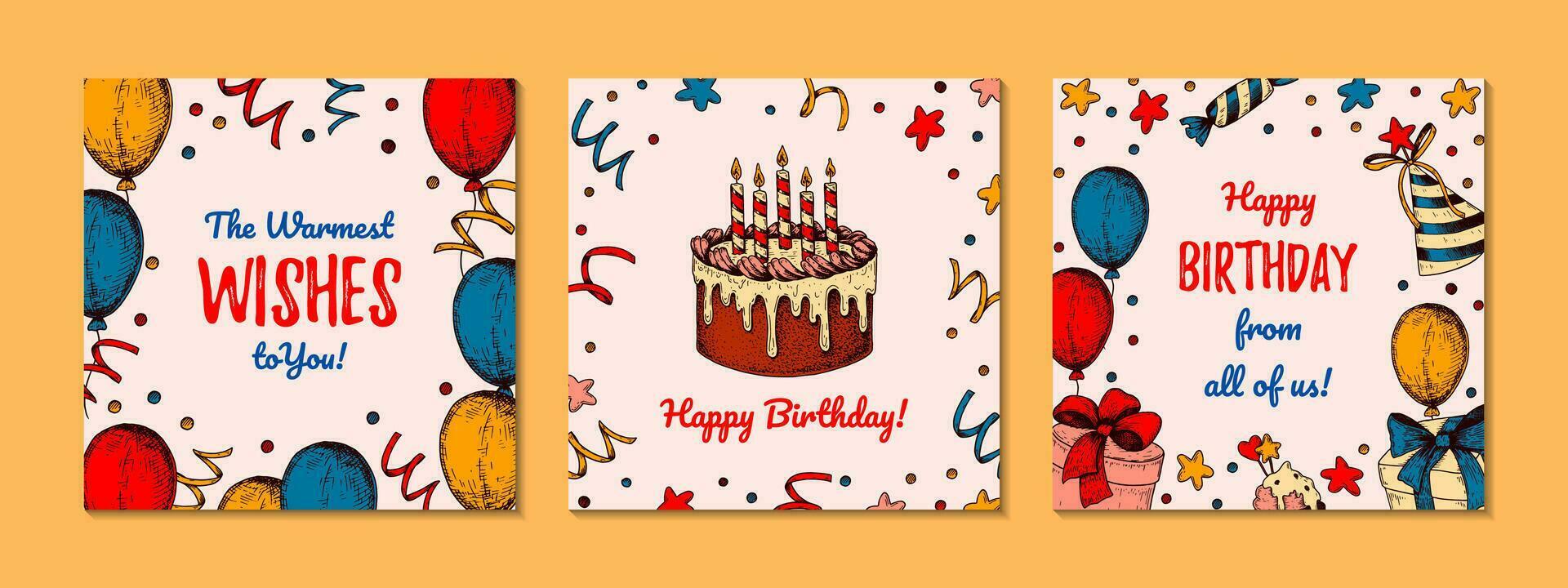 Set of Happy Birthday greeting cards. Hand drawn design. Festive background. Anniversary party invitation. Vector illustration