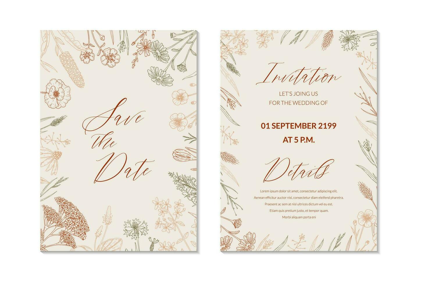 Two side wedding invitation with hand drawn summer herbs. Vertical wildflowers design. Vector illustration in sketch style. Meadow flowers aesthetic background