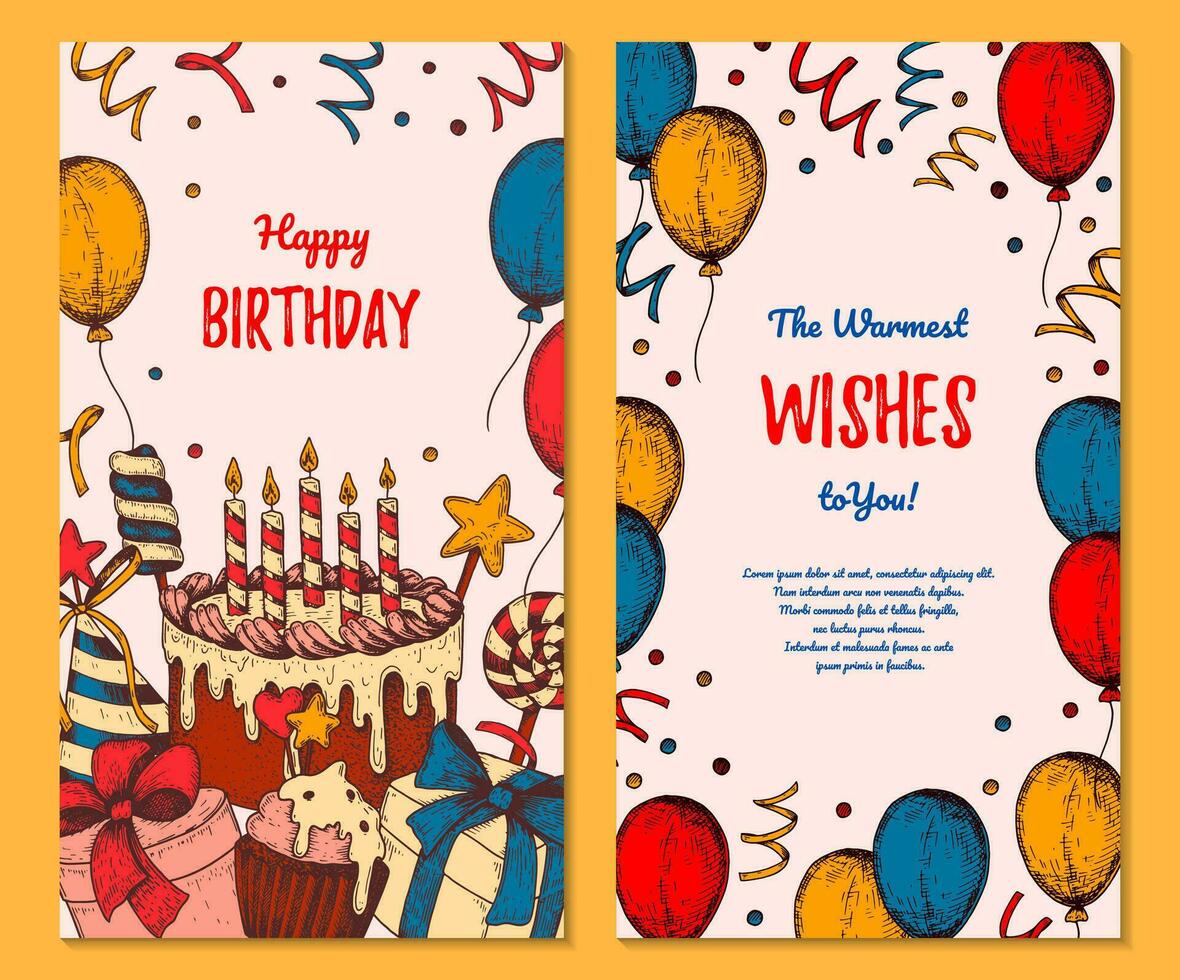 Two sides Brthday vertical greeting card. Poster with hand drawn elements. Celebration social media stories  template. Vector illustration in sketch style