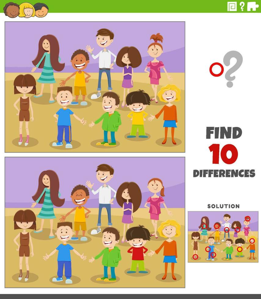 differences game with cartoon children or teens characters group vector