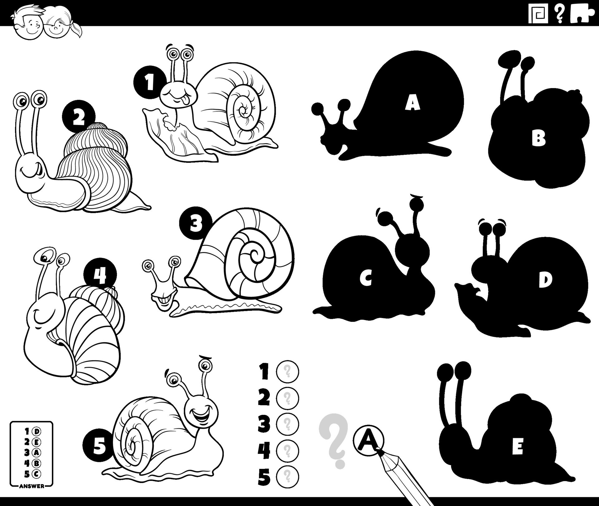 shadows game with funny snails characters coloring page 25384855 Vector