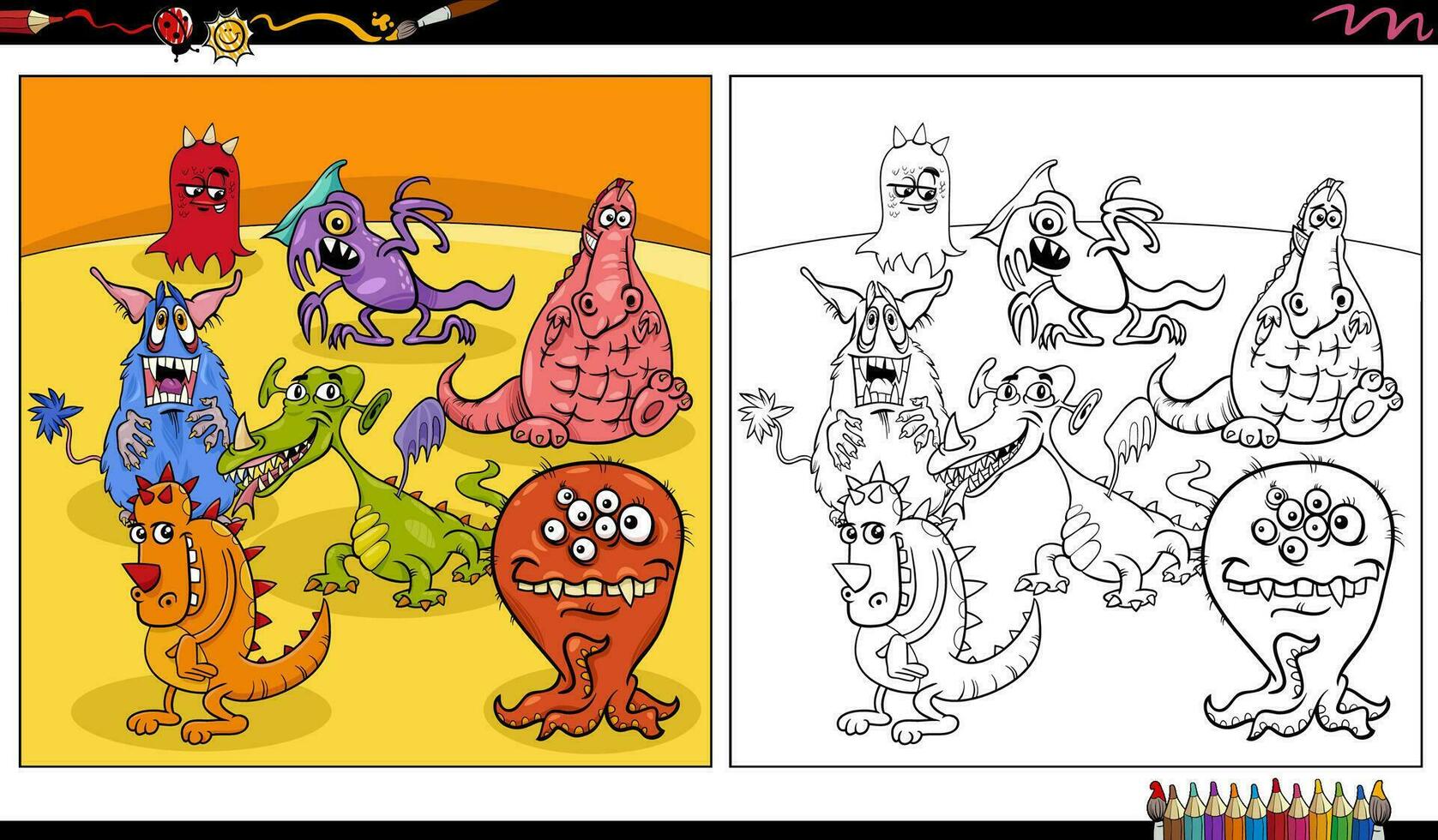funny comic monsters or aliens characters group coloring page vector