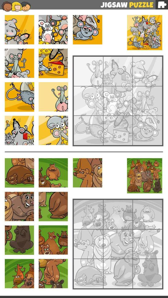 jigsaw puzzle activities set with cartoon bears and mice characters vector