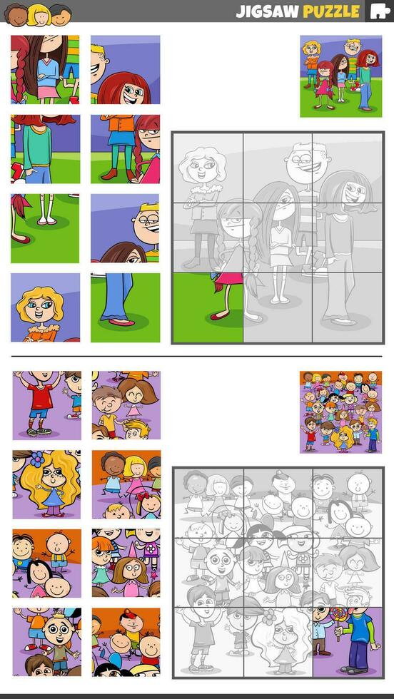 jigsaw puzzle activities set with cartoon children characters vector