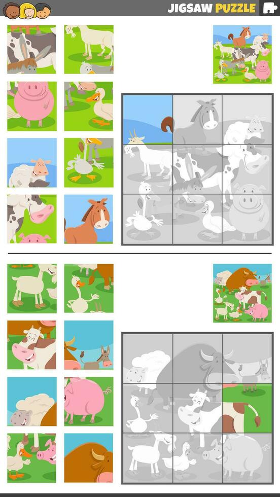 rompecabezas rompecabezas juegos conjunto con dibujos animados granja animal caracteres vector