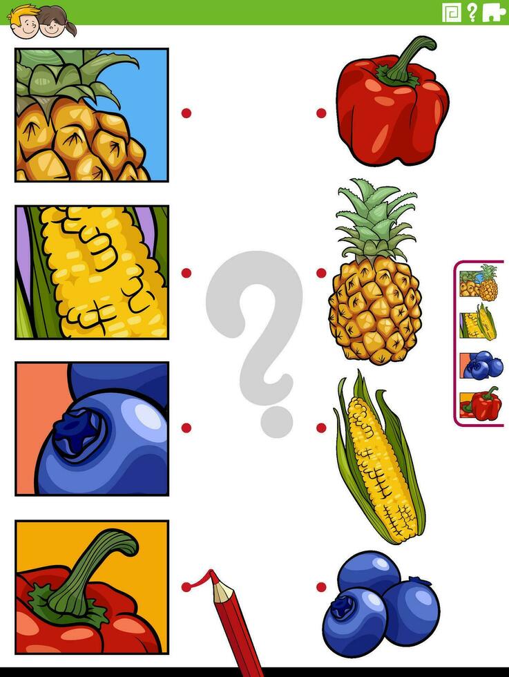 match cartoon fruit and vegetables and clippings educational activity vector