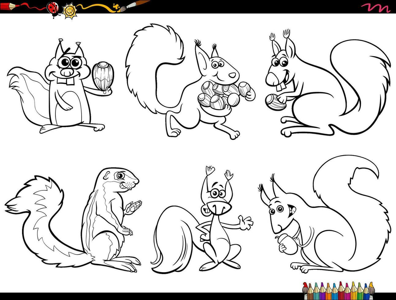 cartoon squirrels animal characters set coloring page vector