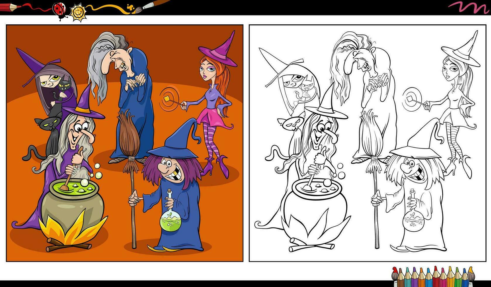 comic witches fantasy characters group coloring page vector