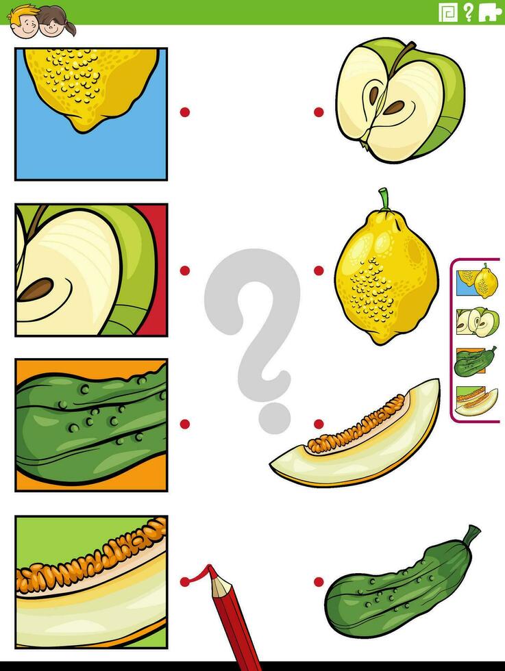 partido dibujos animados Fruta y vegetales y recortes educativo juego vector