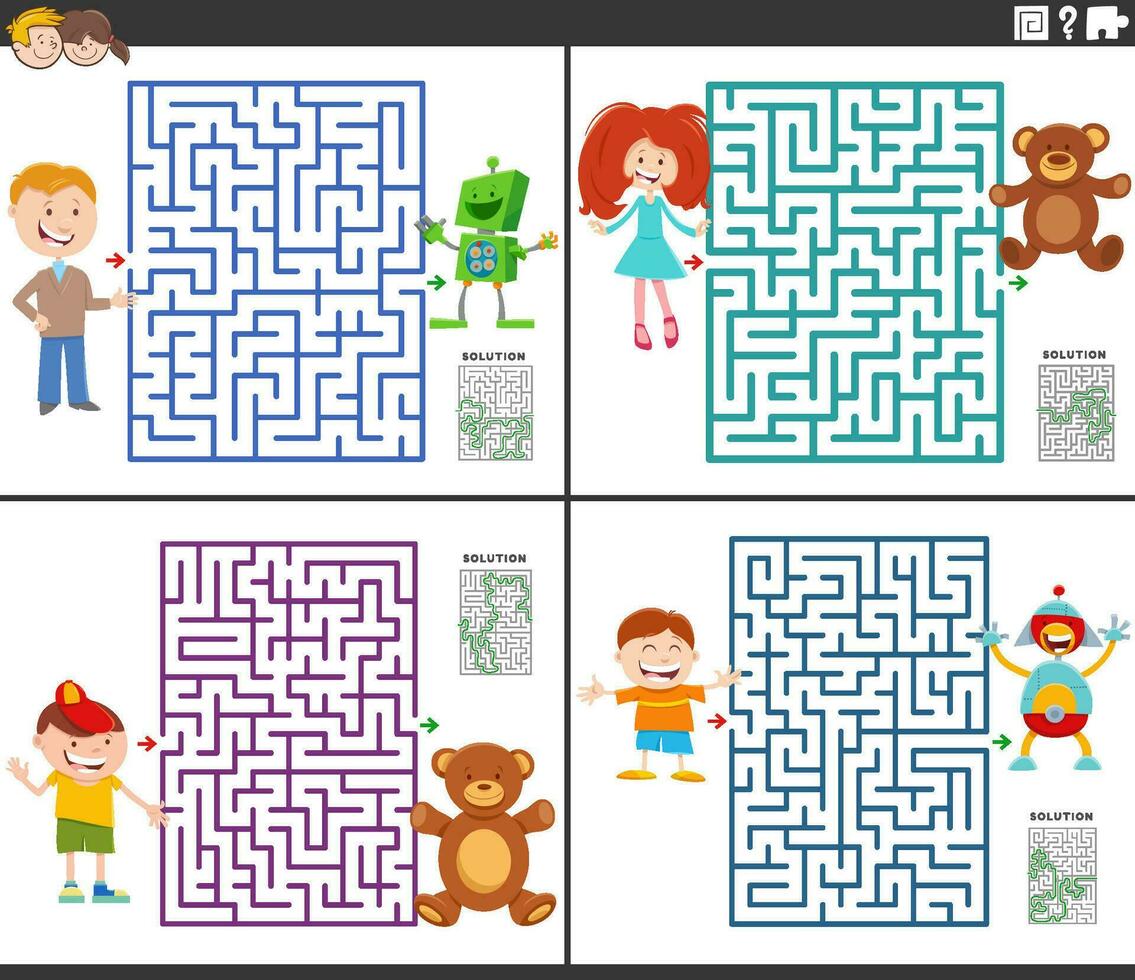 maze activity games set with cartoon kids ant their toys vector