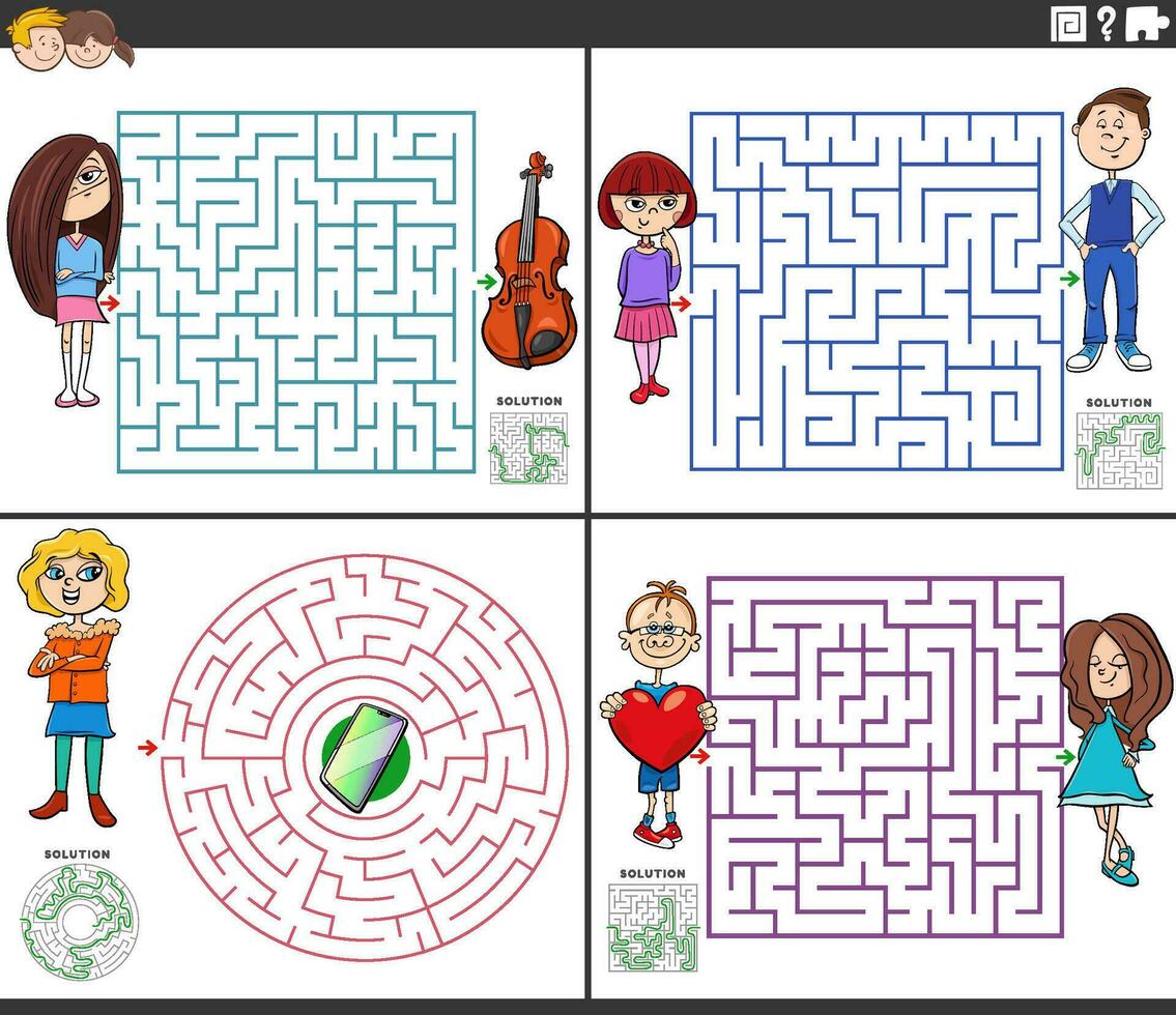 maze activity games set with cartoon children characters vector