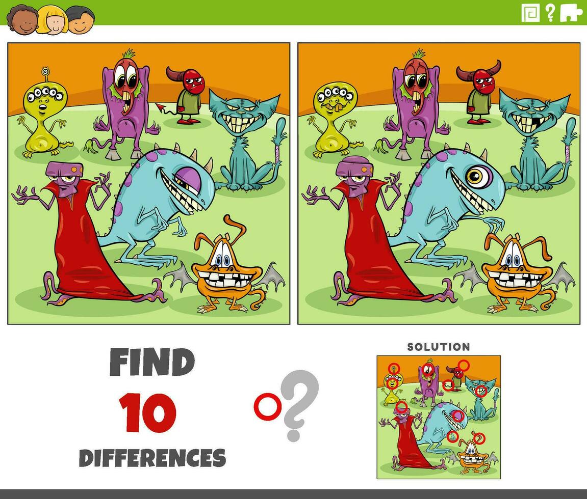 differences activity with cartoon monsters fantasy characters vector