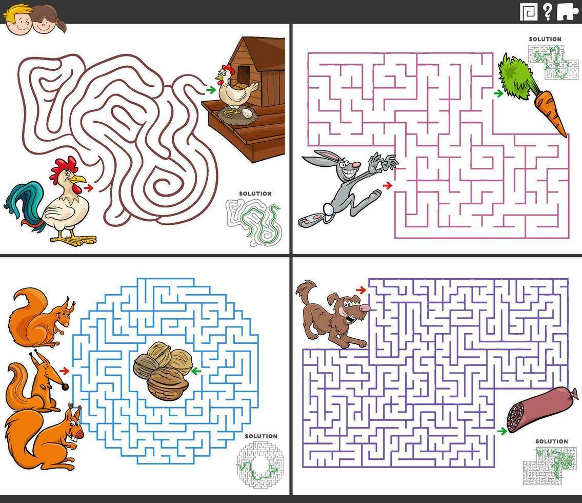 maze activity games set with cartoon animal characters vector