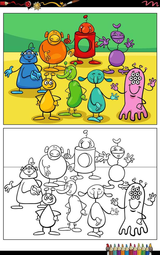 cartoon aliens or monsters characters group coloring page vector