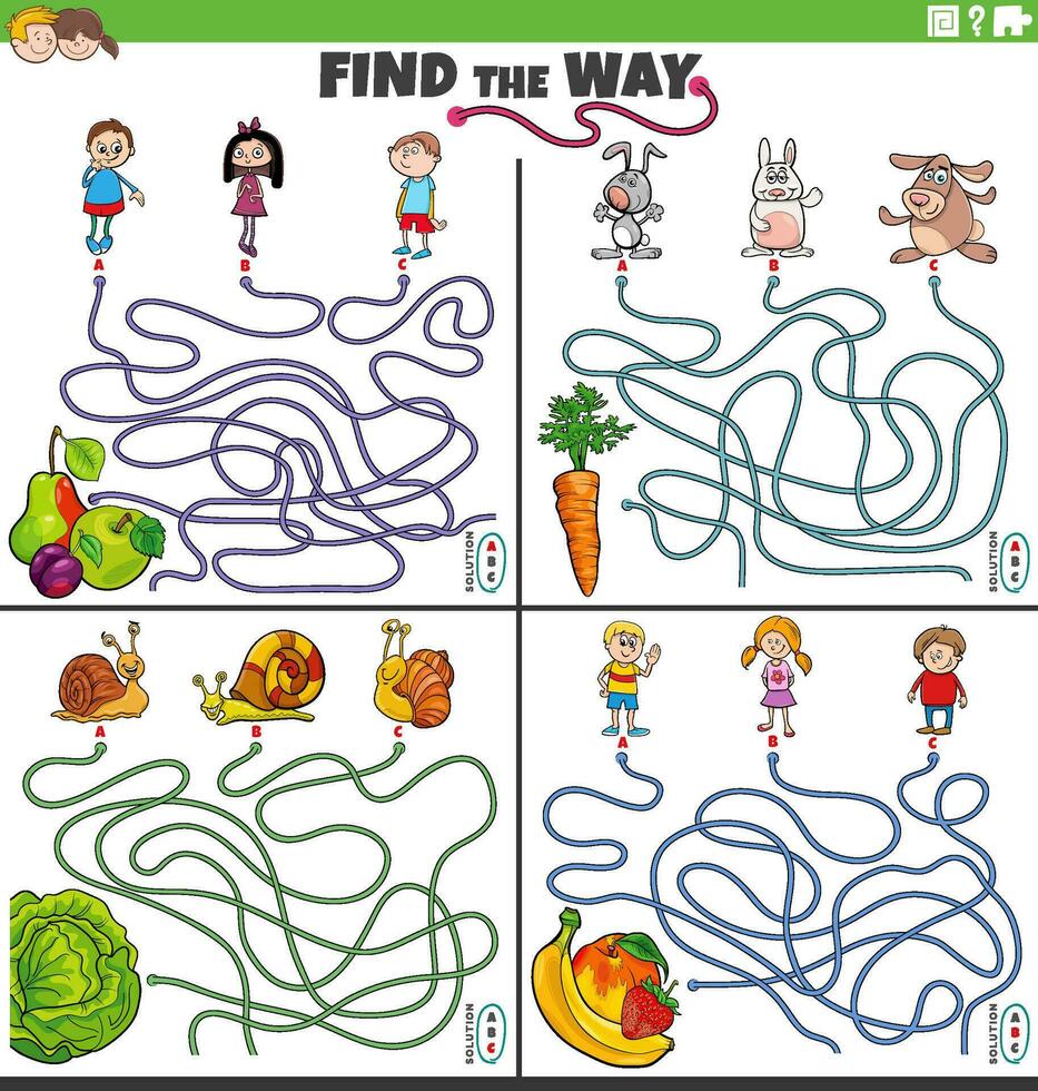 find the way maze games set with children and animals vector