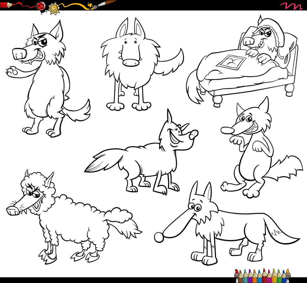cartoon wolves animal characters set coloring page vector
