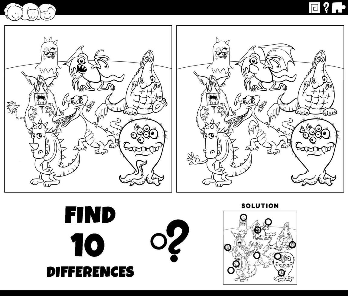 differences game with cartoon monsters coloring page vector