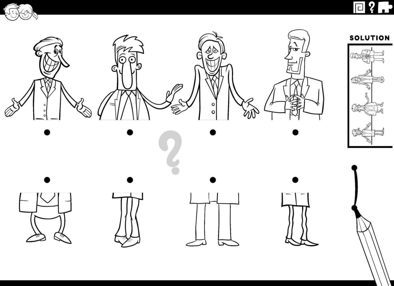 match halves task with cartoon men characters coloring page vector