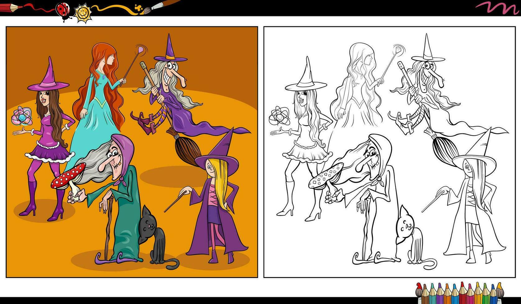 comic witches fantasy characters group coloring page vector