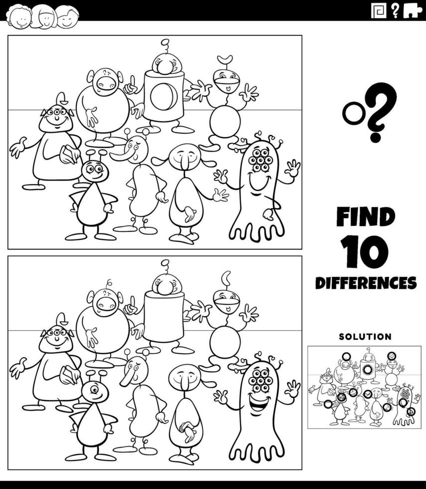 differences game with cartoon aliens or monsters coloring page vector