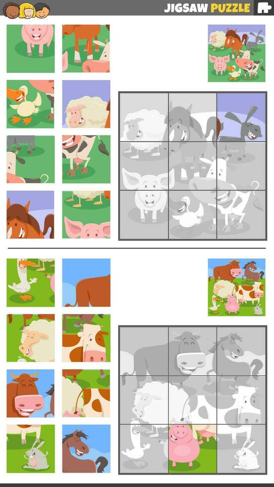 jigsaw puzzle activities set with cartoon farm animal characters vector