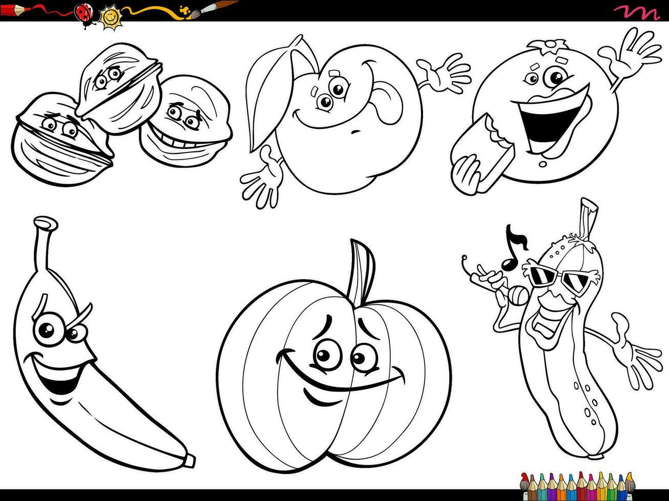 cartoon fruit and vegetables characters set coloring page vector