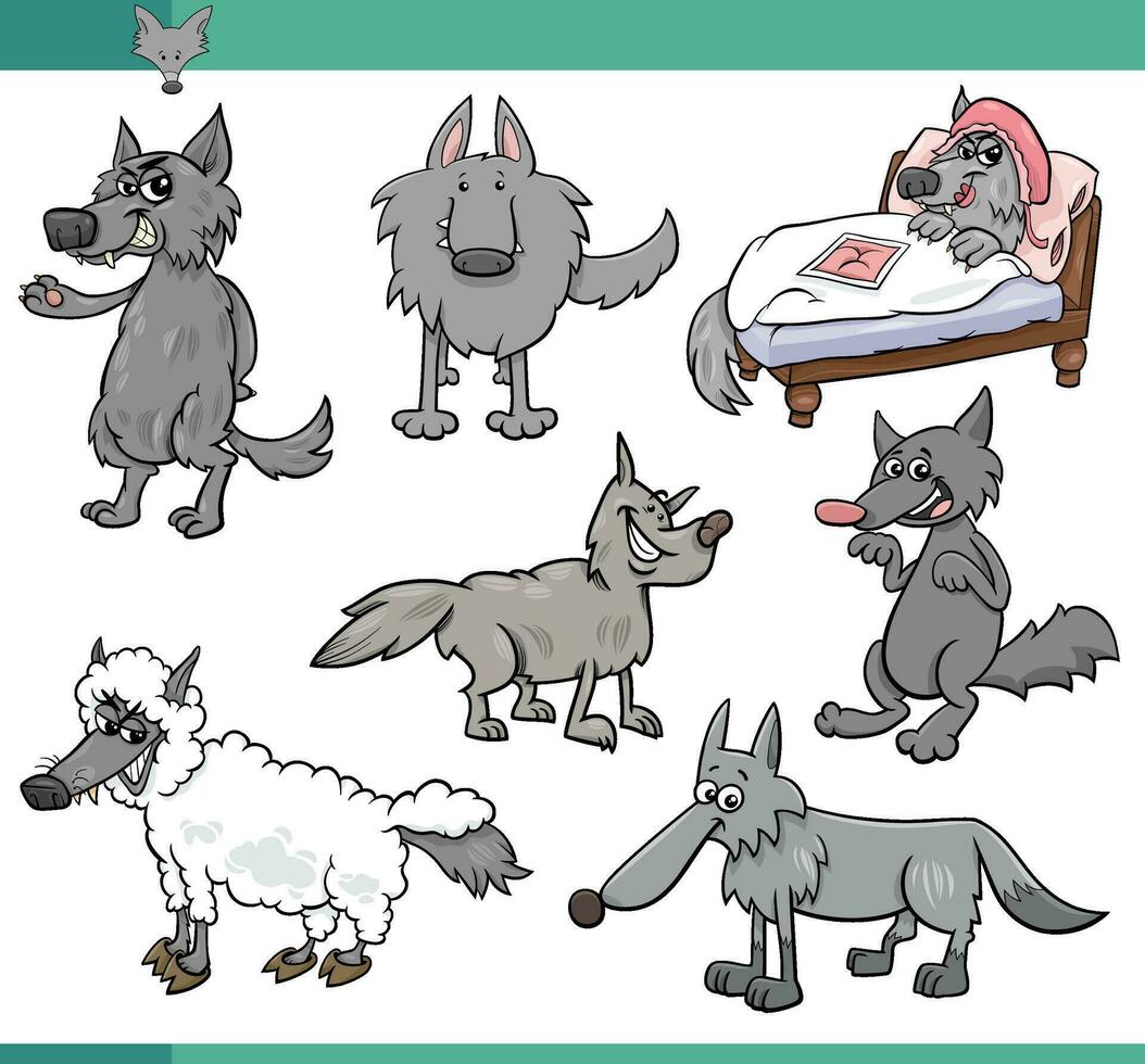 cartoon funny wolves animal comic characters set vector