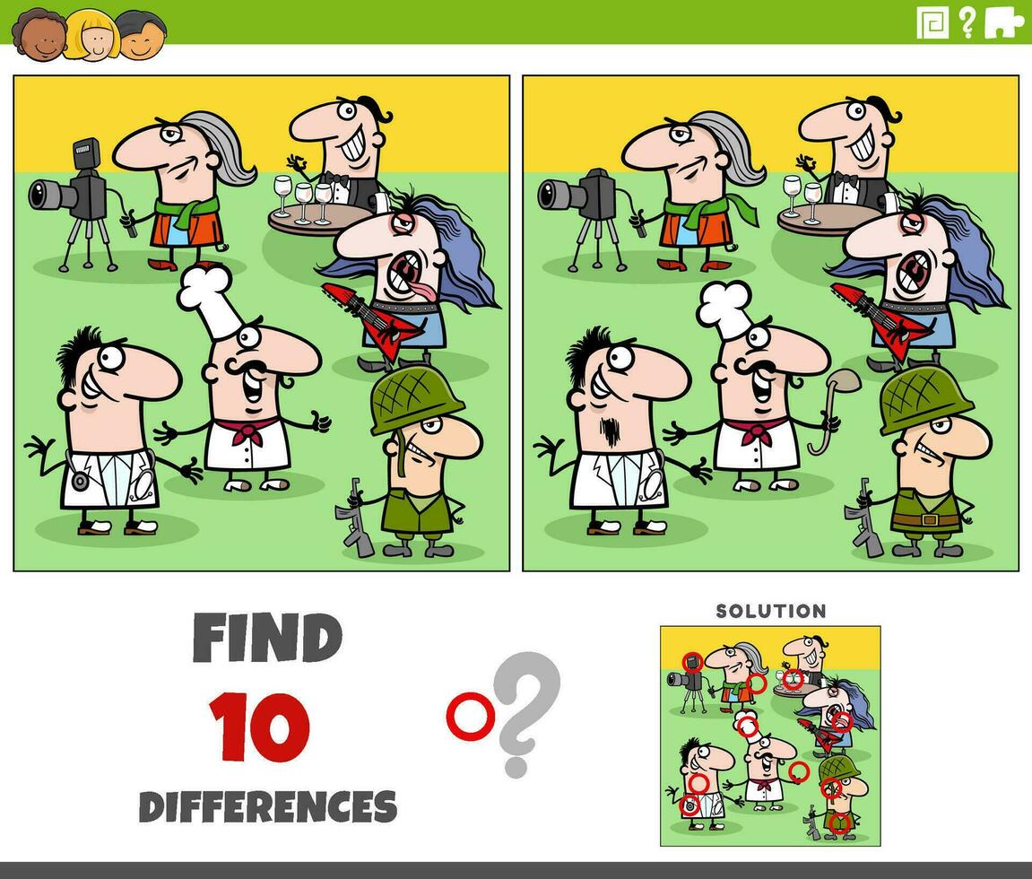 differences game with cartoon people of different professions vector