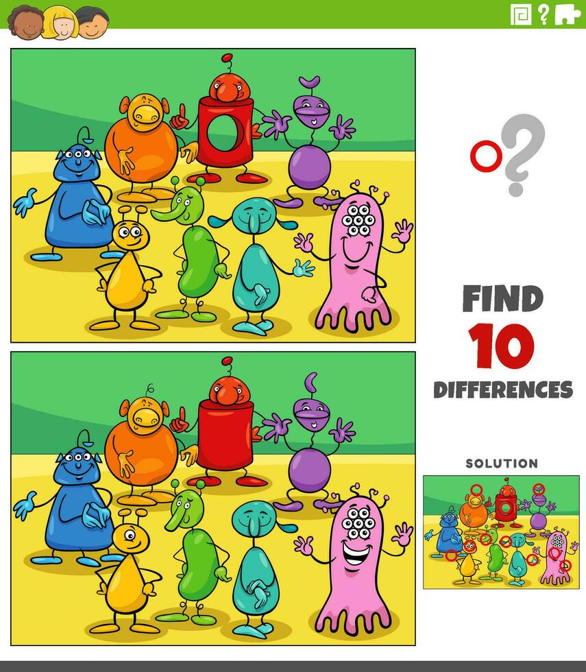 differences game with cartoon aliens or monsters group vector