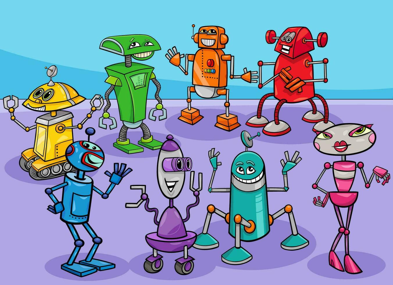 cartoon colorful robots and droids characters group vector
