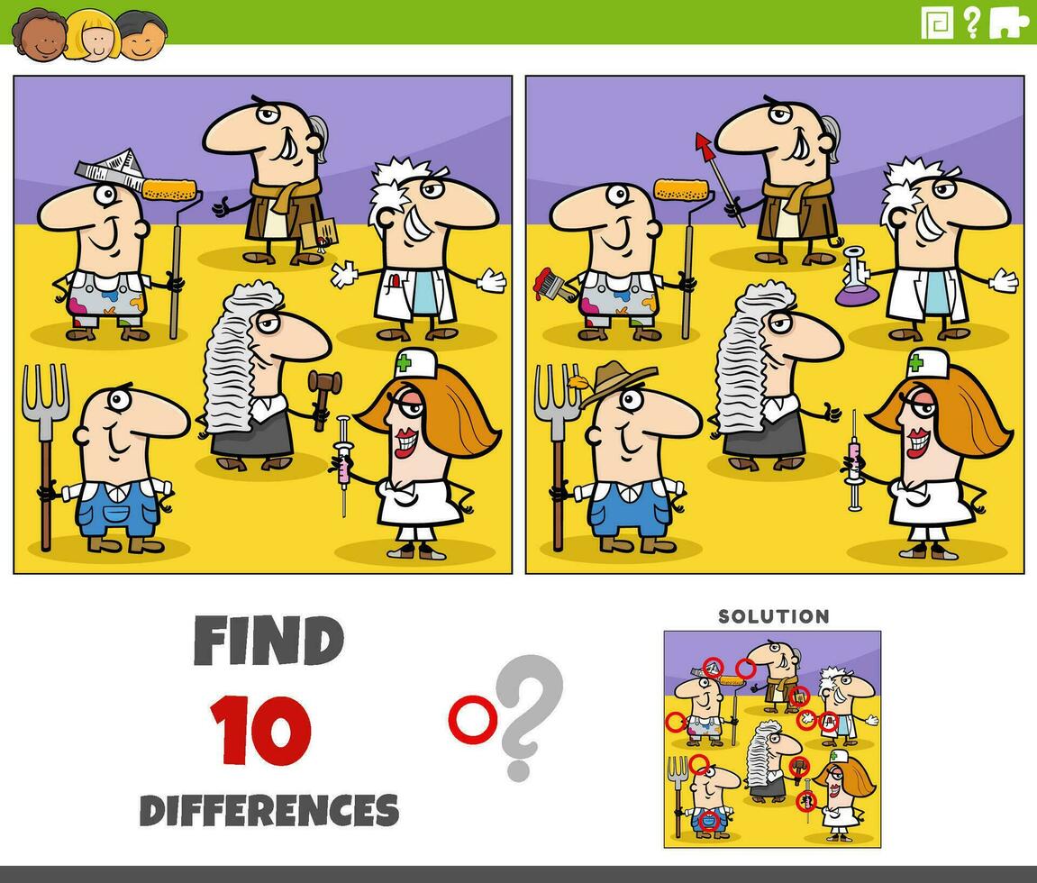 differences game with cartoon people of different professions vector