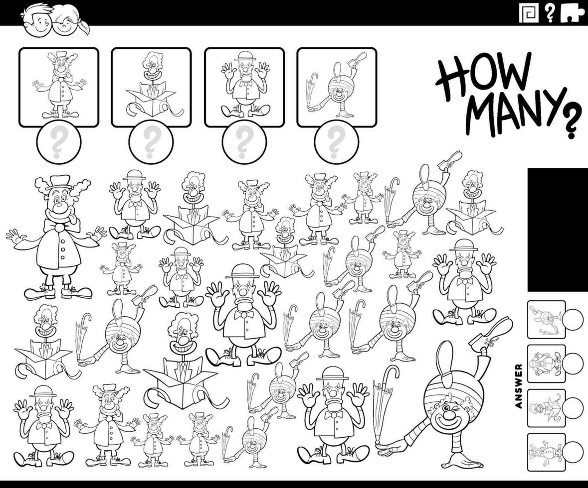 how many cartoon clowns counting task coloring page vector