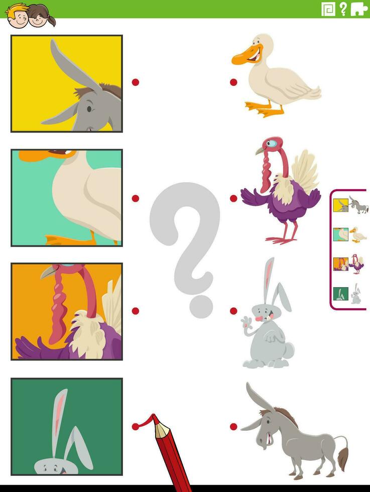match cartoon farm animals and clippings educational activity vector
