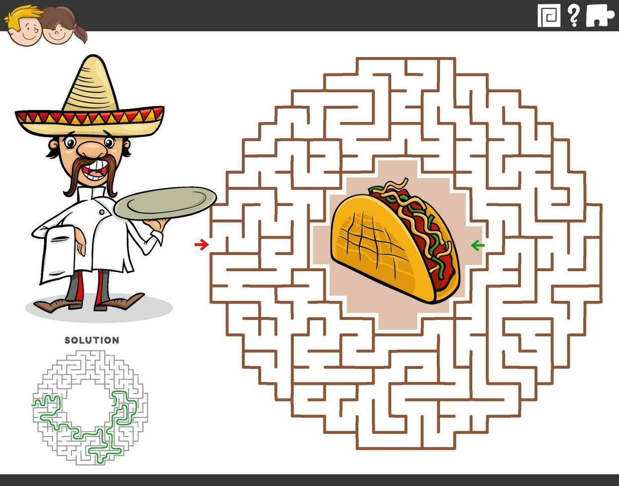 laberinto juego con dibujos animados cocinero personaje con taco vector