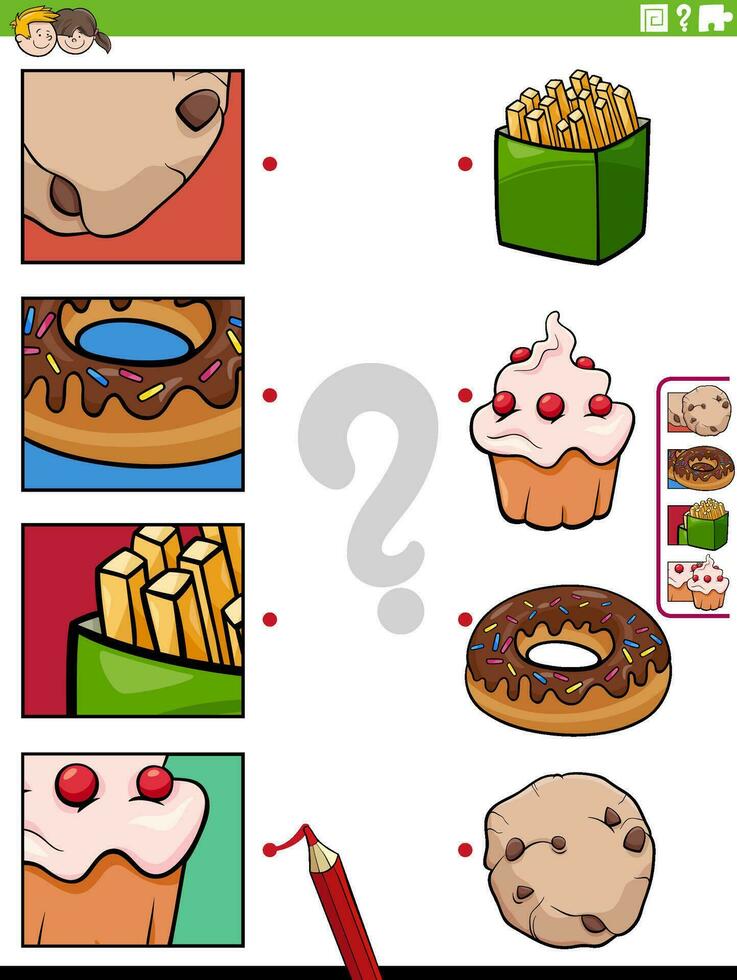 match cartoon food objects and clippings educational activity vector