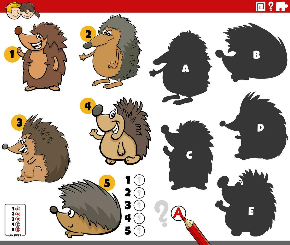 shadows game with comic hedgehogs animal characters vector
