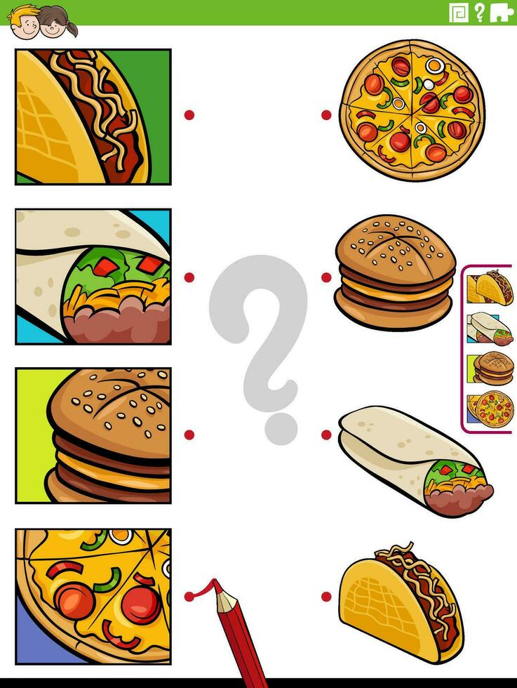 partido dibujos animados comida objetos y recortes educativo juego vector
