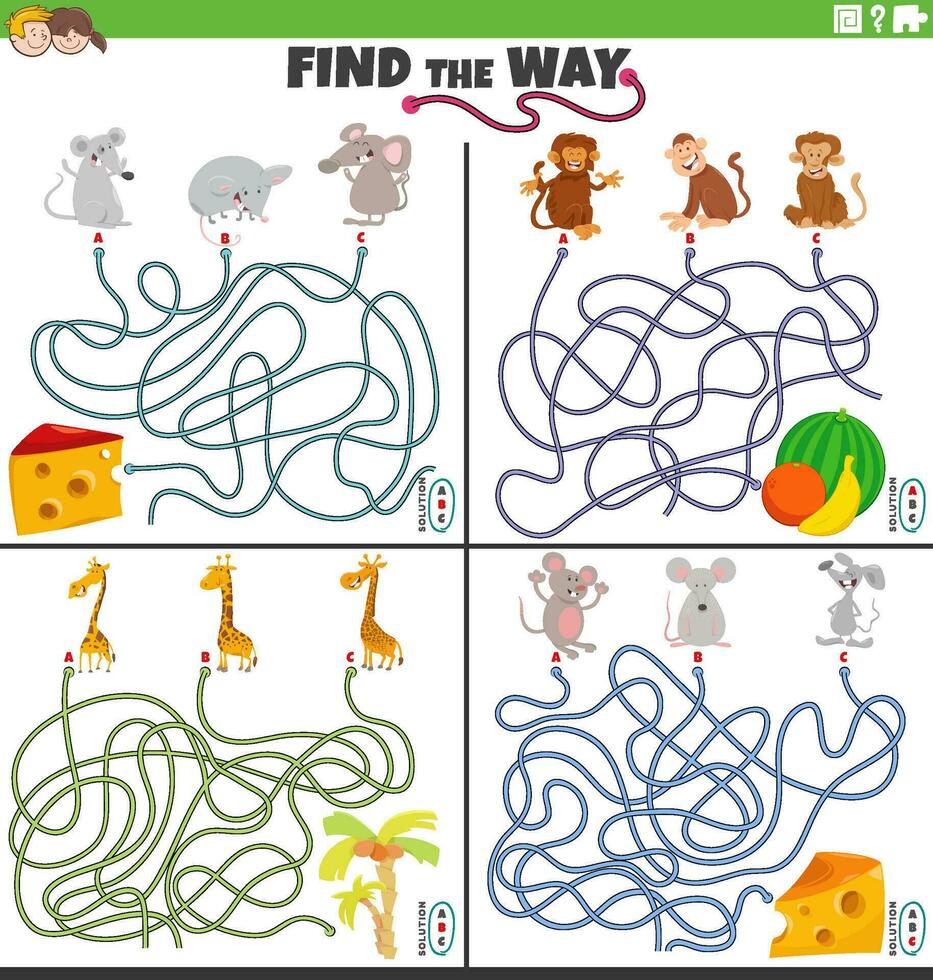 encontrar el camino laberinto juegos conjunto con dibujos animados animal caracteres vector