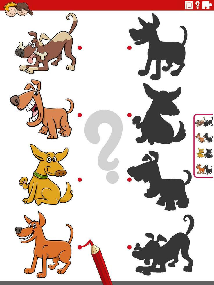 educational shadow activity with cartoon dog characters vector