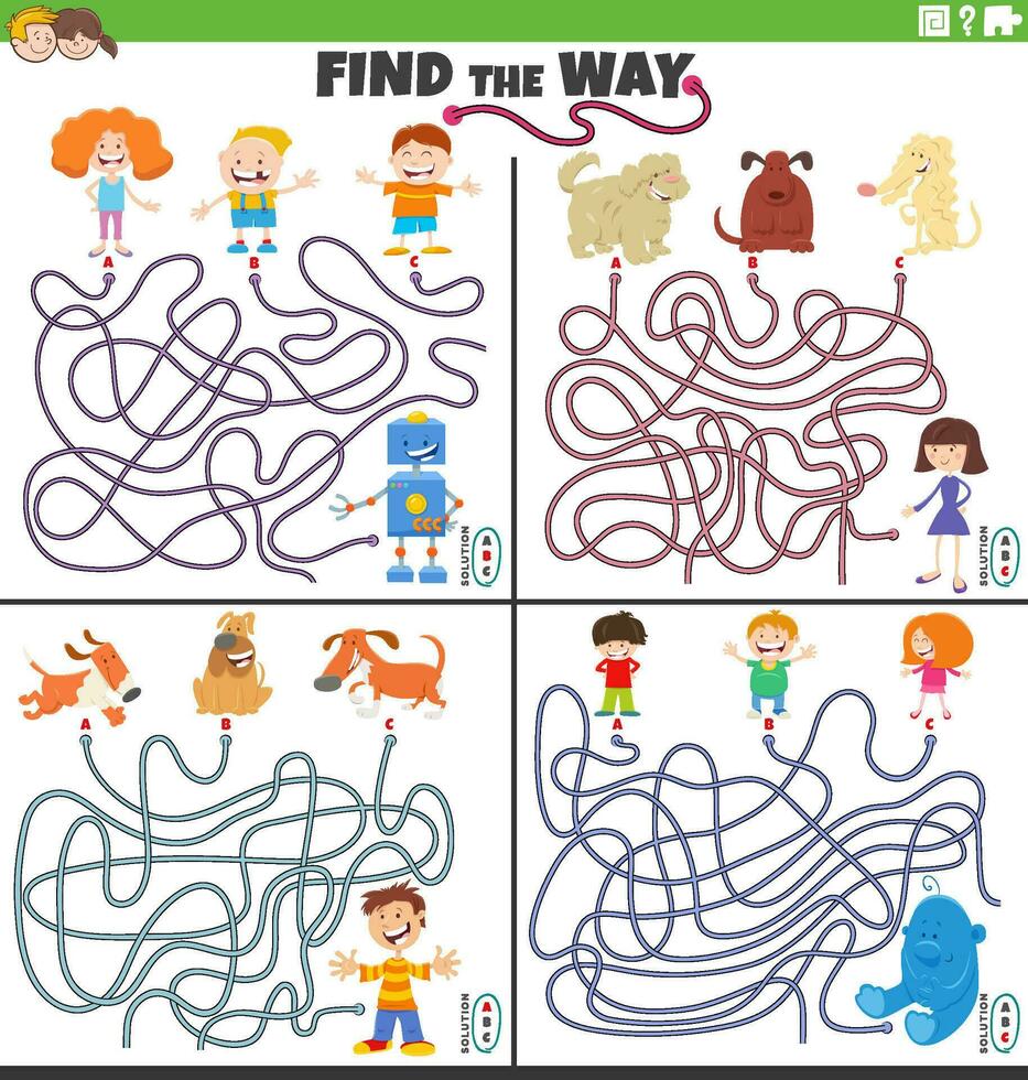 find the way maze games set with cartoon characters vector