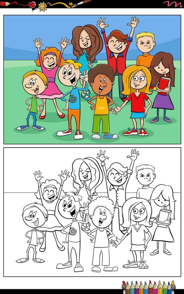 funny cartoon children and teens characters group coloring page vector
