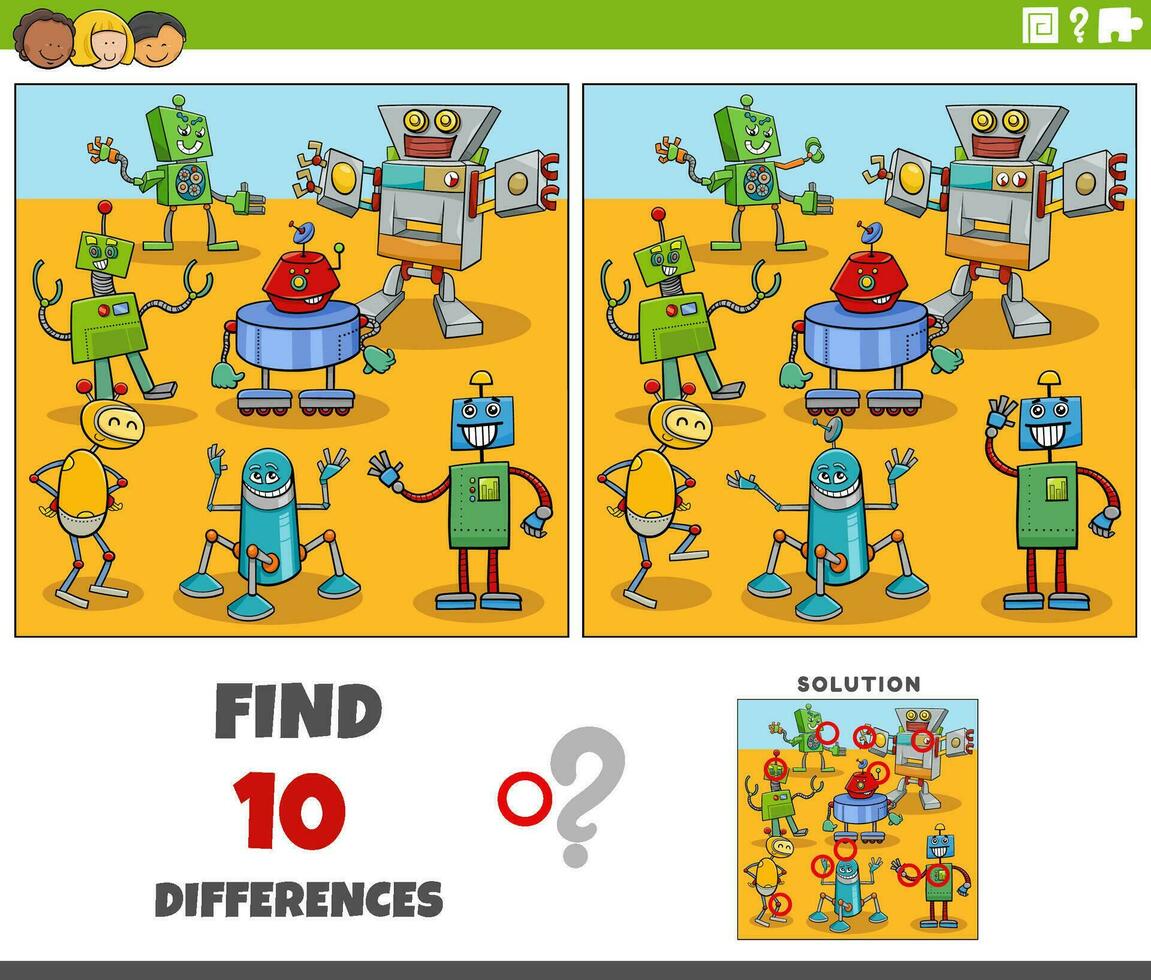 diferencias actividad con dibujos animados robots caracteres vector