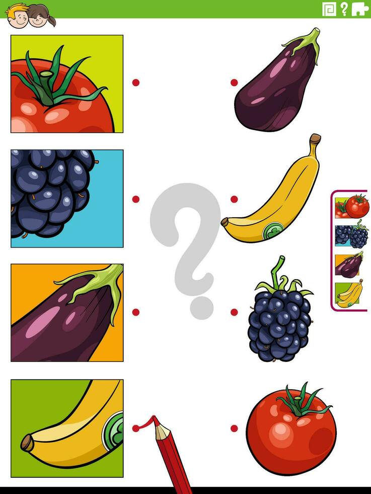 match cartoon fruit and vegetables and clippings educational task vector